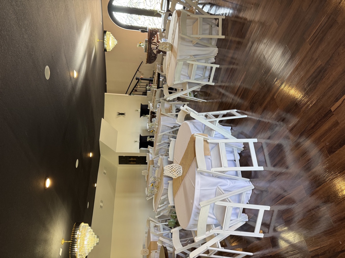 Wedding setup with chandeliers and burlap-runner round tables