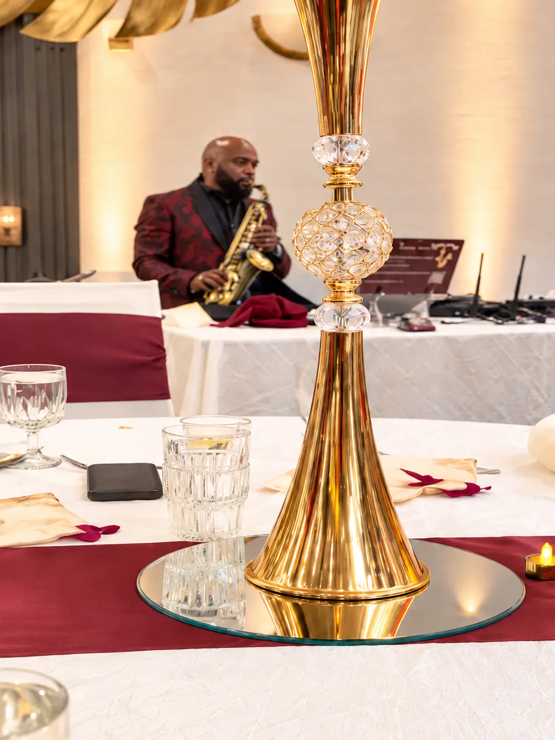 Burgundy and gold anniversary tablescape for Rosemary and Phil Burkes