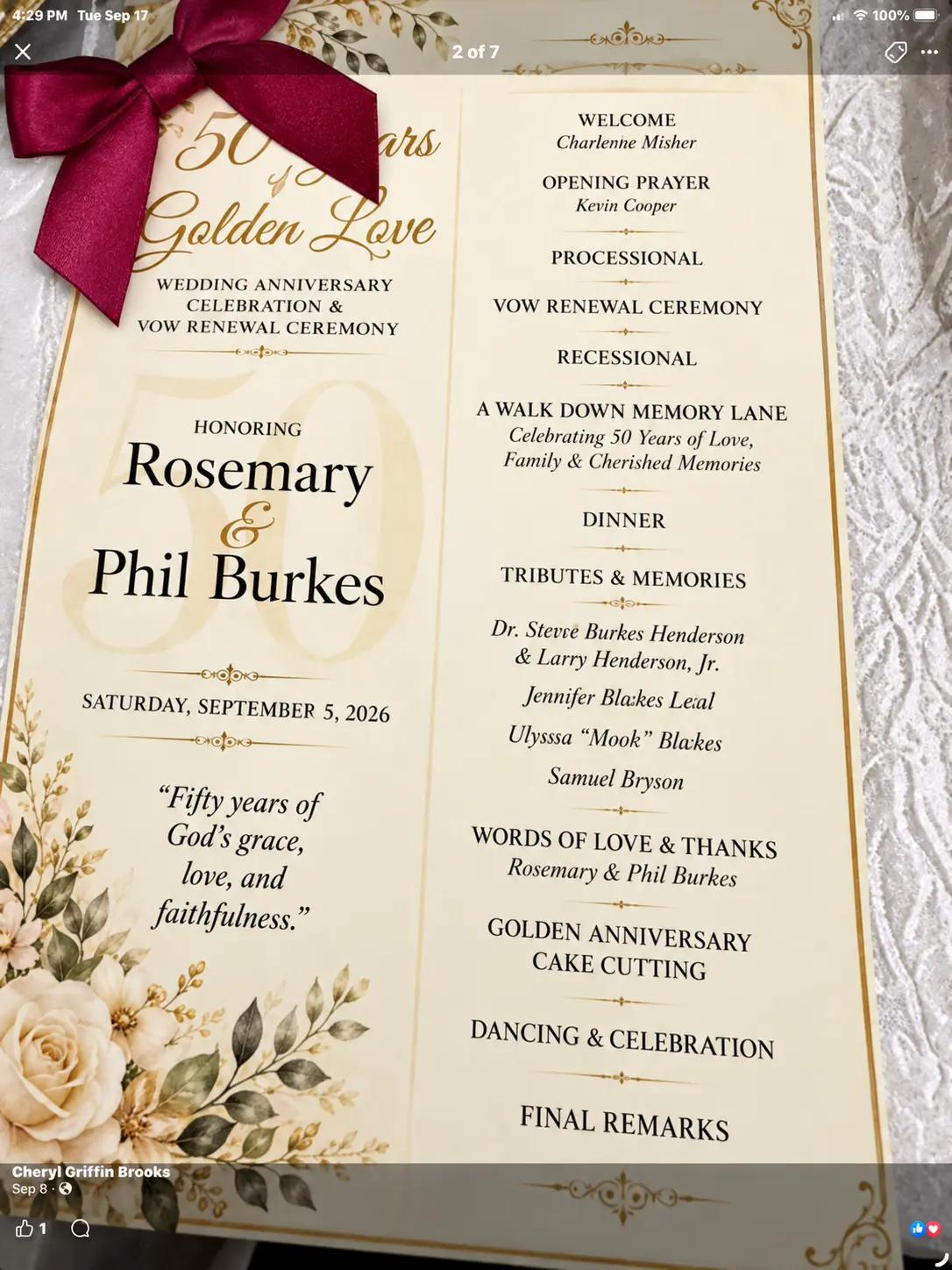 Program for 50 Years of Golden Love honoring Rosemary and Phil Burkes