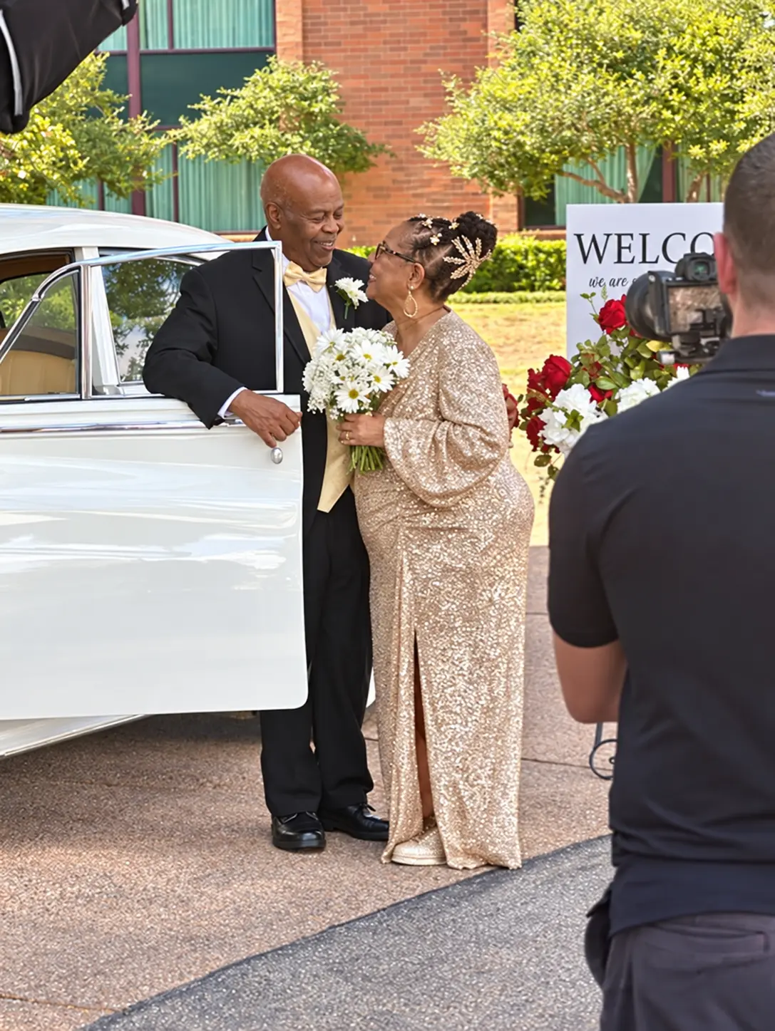 Rosemary and Phil Burkes arriving at their anniversary celebration